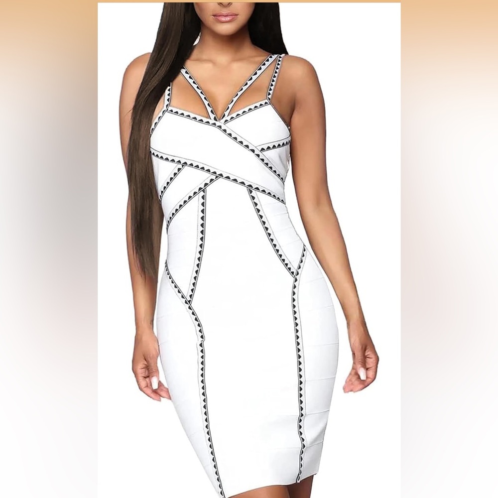 Hybrid & company White Mini Bodycon Dress with Black Trim